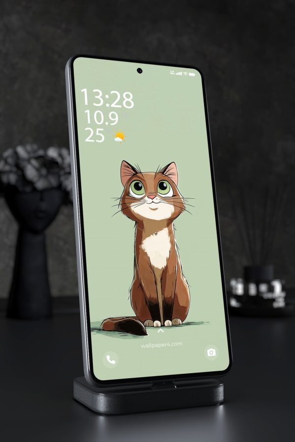 Phone Wallpaper 3139 - Cute Cartoon Cat with Big Green Eyes on Pastel Green