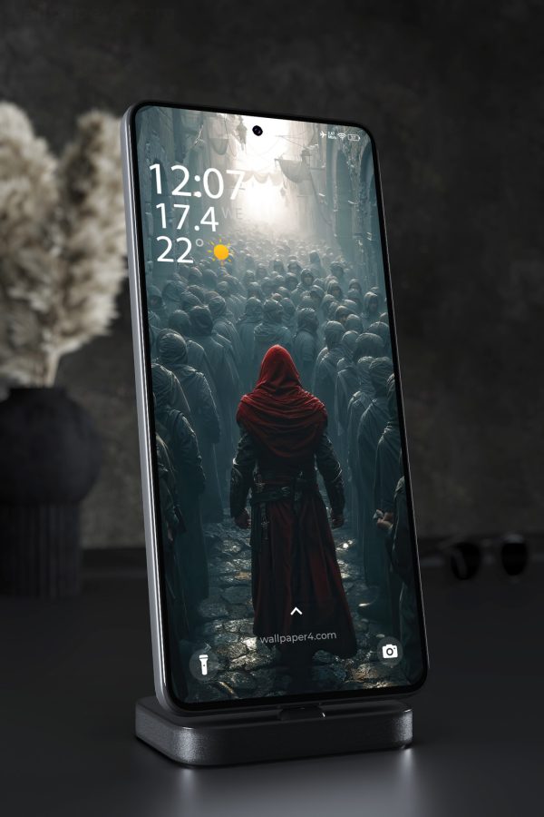 Phone Wallpaper 3154 - Red Hooded Assassin in Dark Medieval Alley