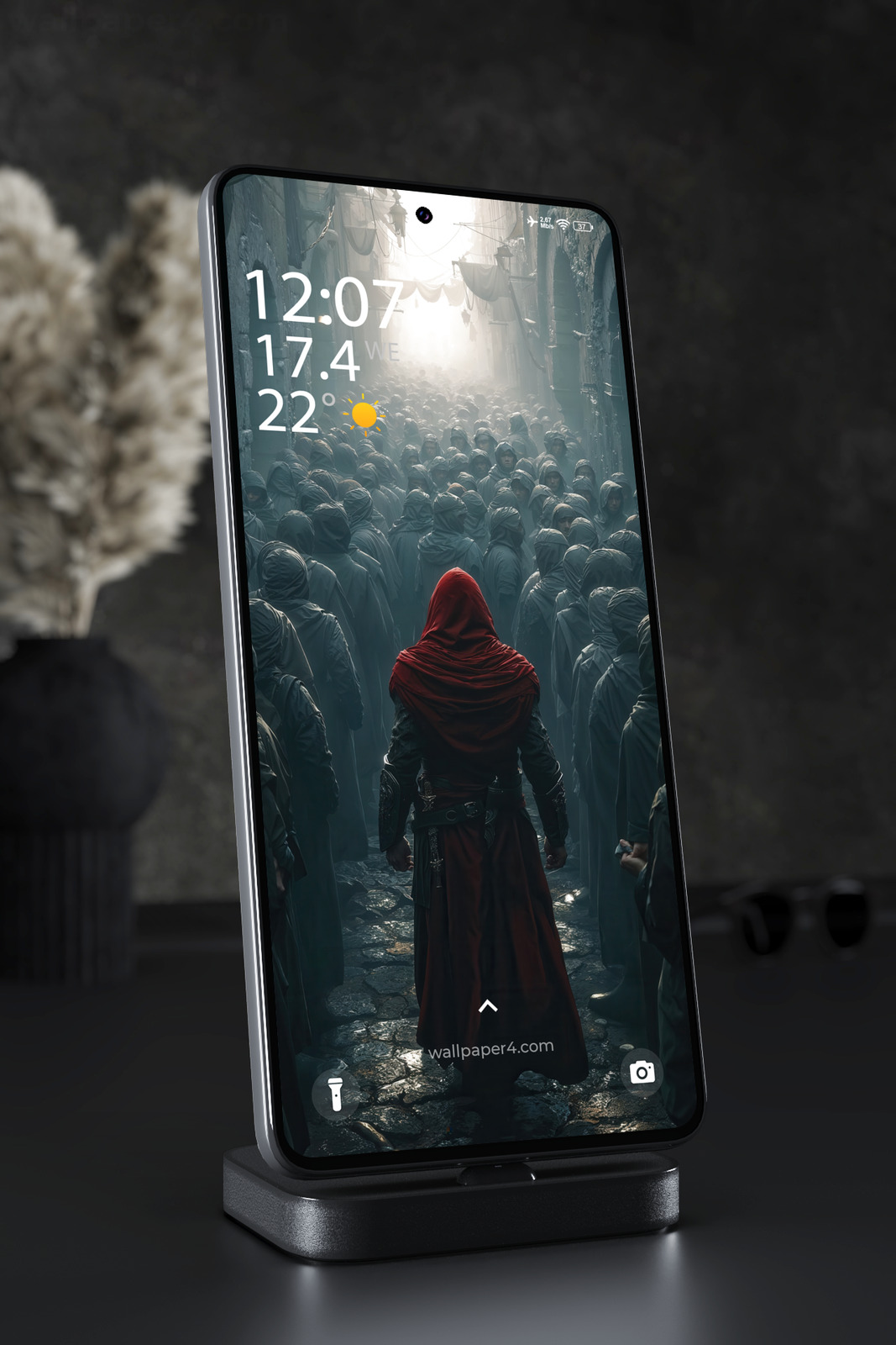 Phone Wallpaper 3154 - Red Hooded Assassin in Dark Medieval Alley