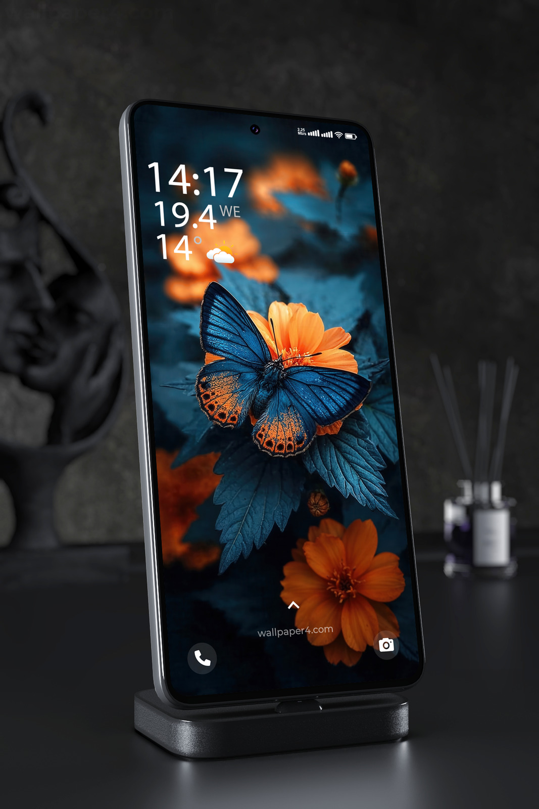 Phone Wallpaper 3165 - Blue Butterfly on Orange Flower Dark Nature Macro