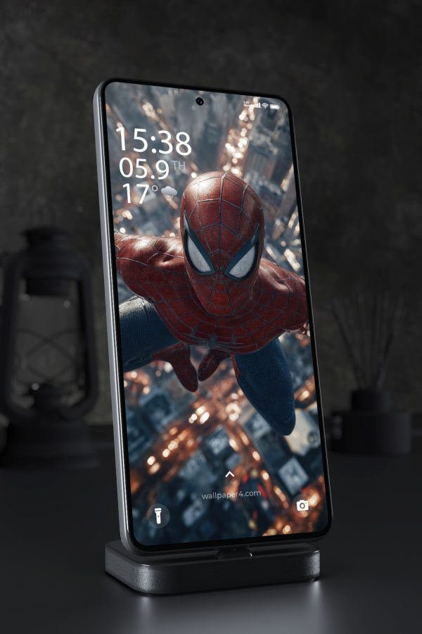 Phone Wallpaper 3176 - Masked Spider Hero Above Glowing City Lights