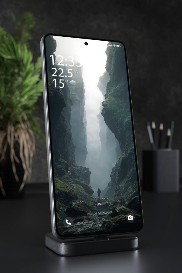 Phone Wallpaper 3199 - Misty Green Canyon Explorer in Dark Gorge