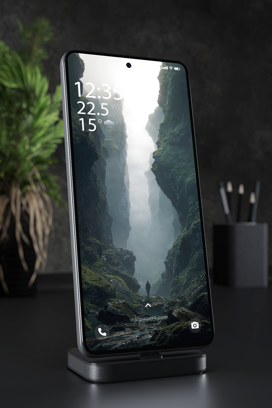 Phone Wallpaper 3199 - Misty Green Canyon Explorer in Dark Gorge