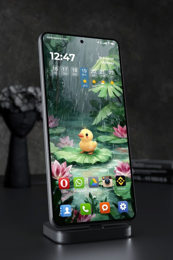 Phone Wallpaper 3206 - Cute Duckling in Rainy Lily Pond Digital Art