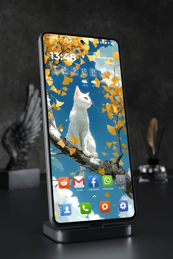 Phone Wallpaper 3215 - White Cat Among Golden Ginkgo Leaves