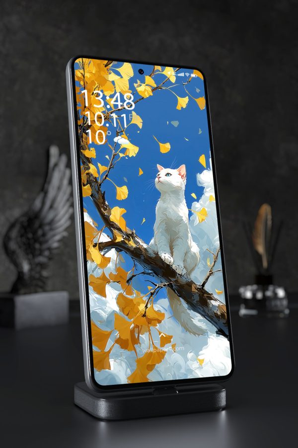 Mobile Wallpaper 3215 - White Cat Among Golden Ginkgo Leaves