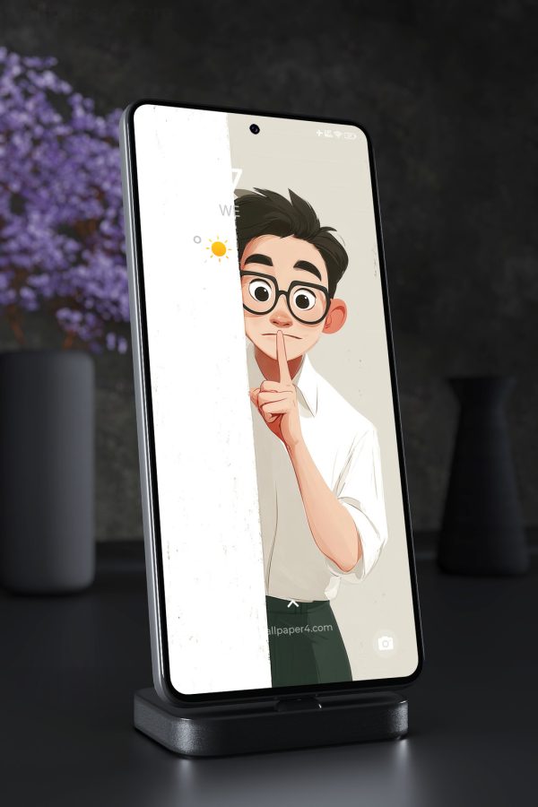 Phone Wallpaper 3229 - Cute Shushing Cartoon Boy Peeking Behind Wall