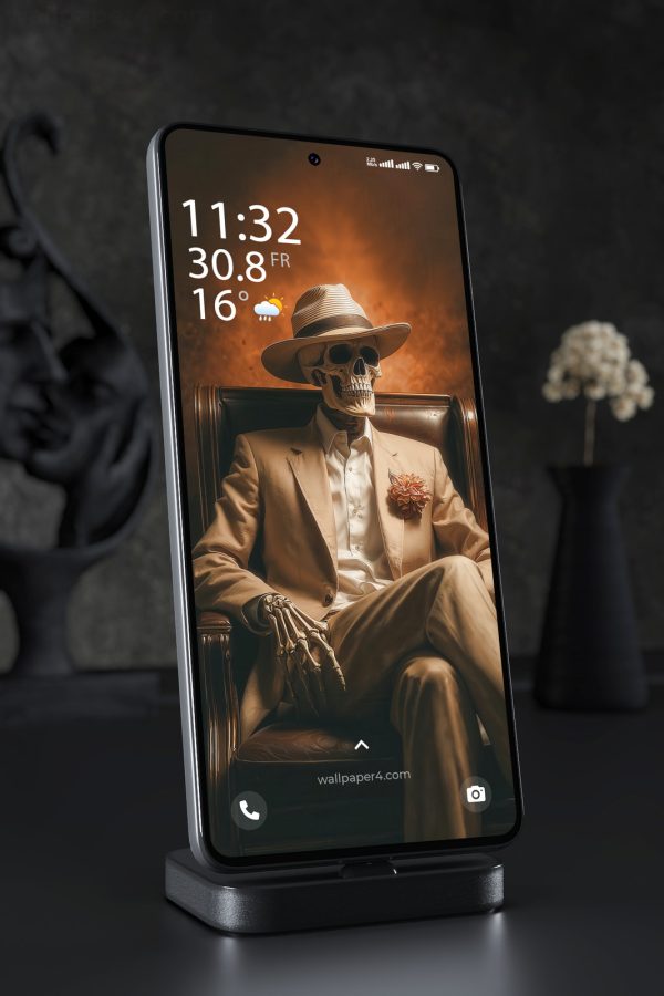Phone Wallpaper 3232 - Skeleton Gangster in Beige Suit and Fedora