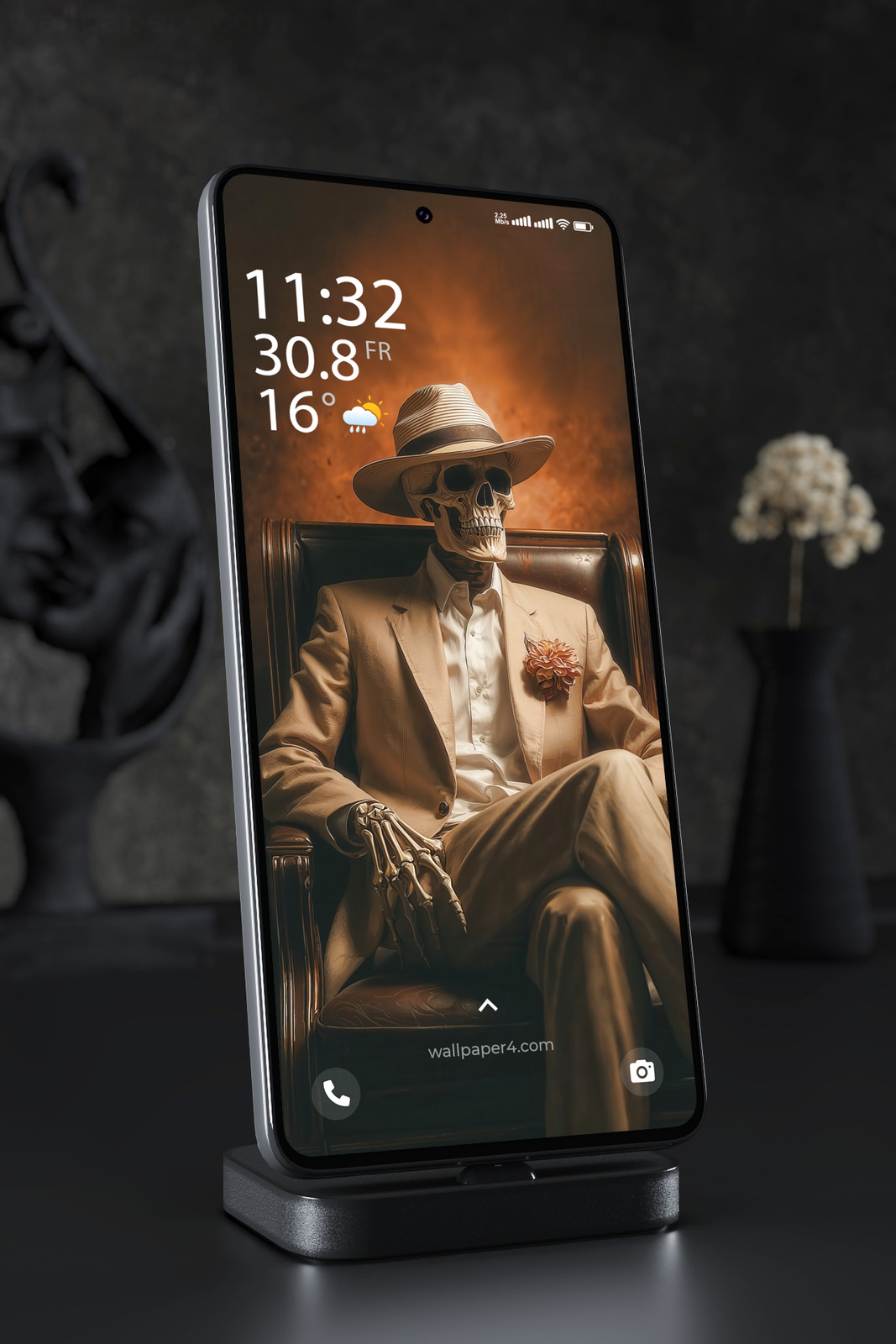 Phone Wallpaper 3232 - Skeleton Gangster in Beige Suit and Fedora