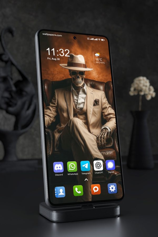 Mobile Wallpaper 3232 - Skeleton Gangster in Beige Suit and Fedora
