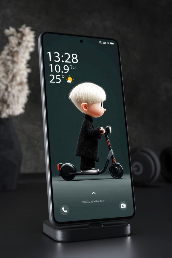 Phone Wallpaper 3235 - Cute 3D Boy on Electric Scooter in Dark Teal