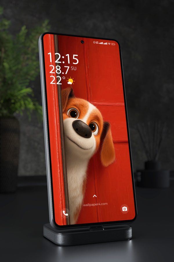 Mobile Wallpaper 3237 - Cute Puppy Peeking Behind Red Door