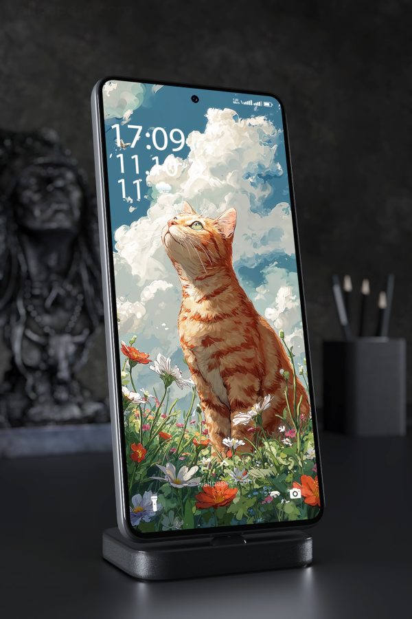Phone Wallpaper 3256 - Orange Cat in Sunny Wildflower Meadow