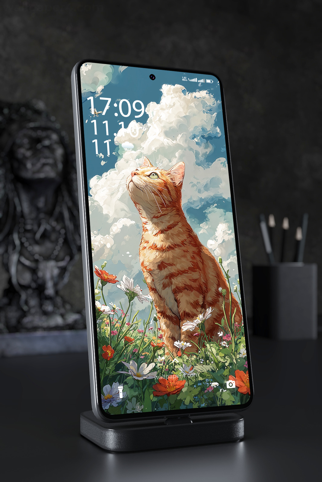 Phone Wallpaper 3256 - Orange Cat in Sunny Wildflower Meadow