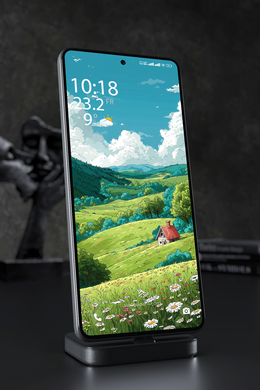 Phone Wallpaper 3262 - Serene Anime Countryside Valley with Cozy Cottage