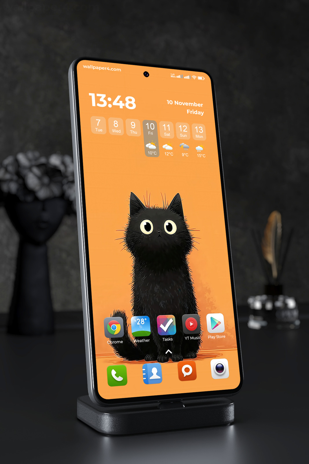 Phone Wallpaper 3266 - Cute Black Cat on Orange Background