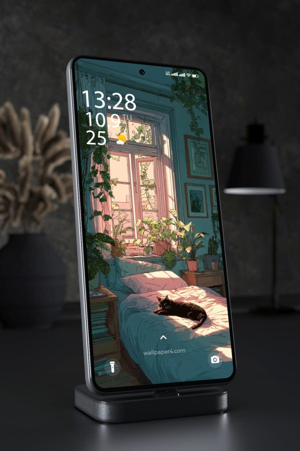 Mobile Wallpaper 3284 - Cozy Sunlit Plant Bedroom with Sleeping Cat