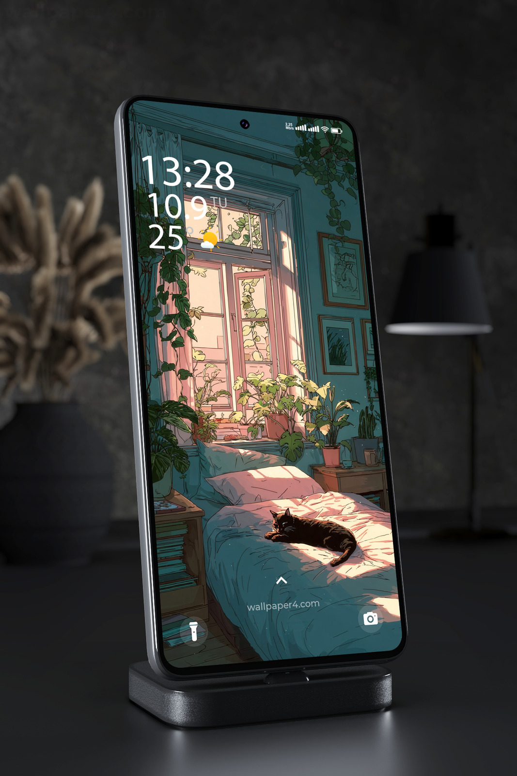 Mobile Wallpaper 3284 - Cozy Sunlit Plant Bedroom with Sleeping Cat
