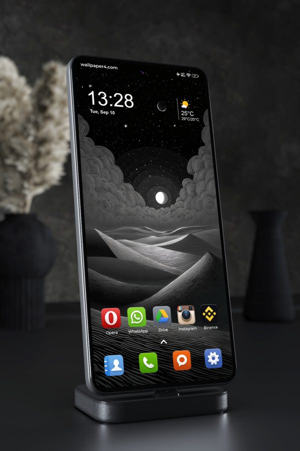 Phone Wallpaper 3287 - Monochrome Moonlit Desert Line Art Nightscape