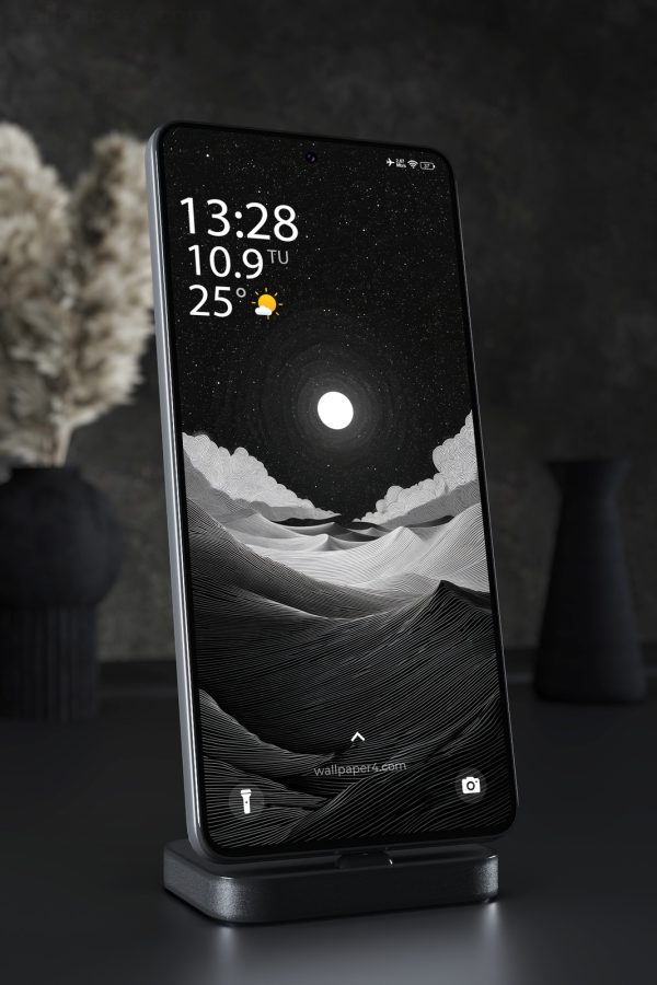 Mobile Wallpaper 3287 - Monochrome Moonlit Desert Line Art Nightscape