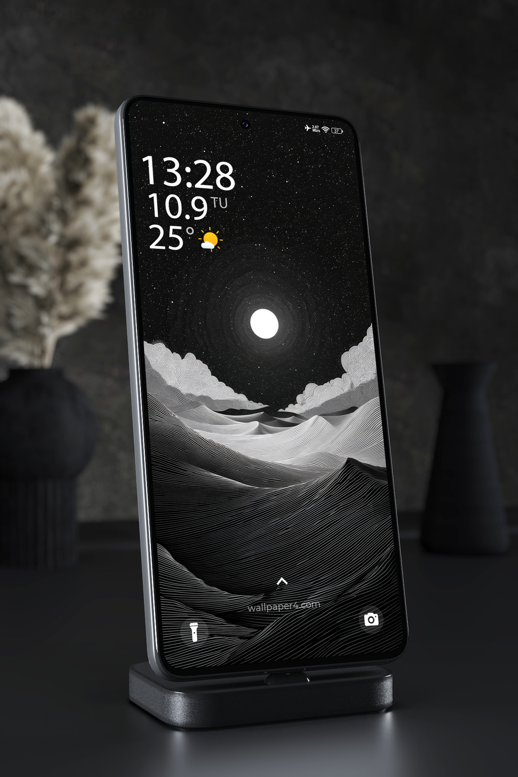 Mobile Wallpaper 3287 - Monochrome Moonlit Desert Line Art Nightscape