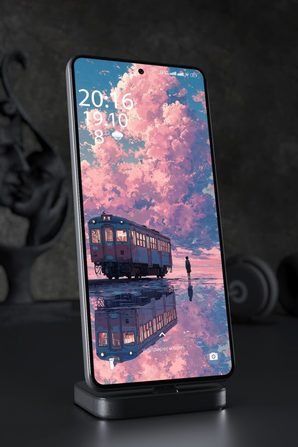 Phone Wallpaper 3305 - Anime Train Scene Beneath Pink Sunset Clouds