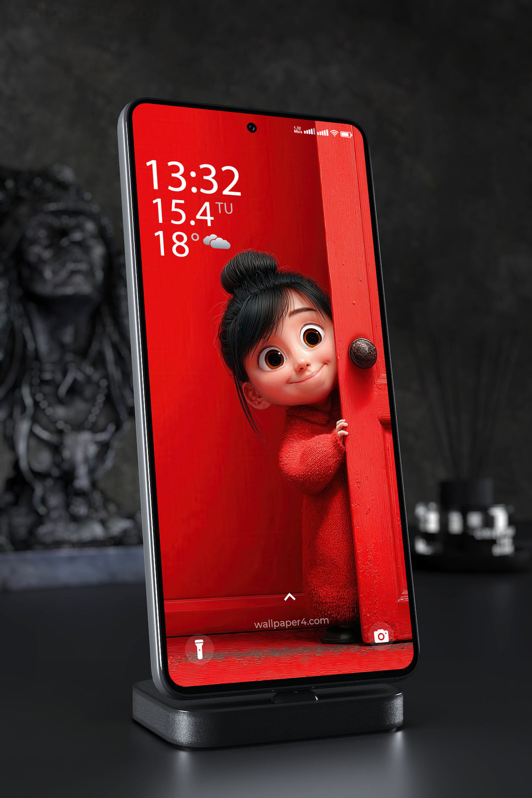 Phone Wallpaper 3316 - Cute Animated Girl Peeking Behind Red Door
