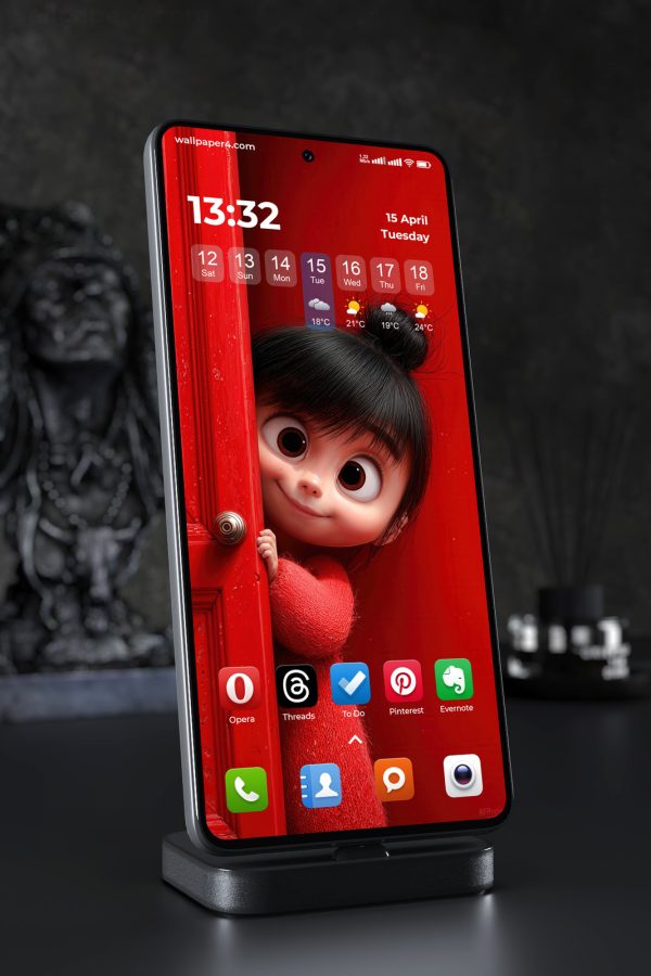 Mobile Wallpaper 3316 - Cute Animated Girl Peeking Behind Red Door