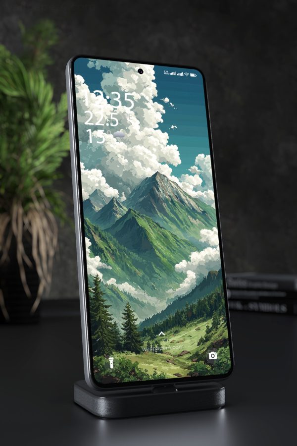 Phone Wallpaper 3320 - Pixel Art Mountain Valley Under Dreamy Clouds