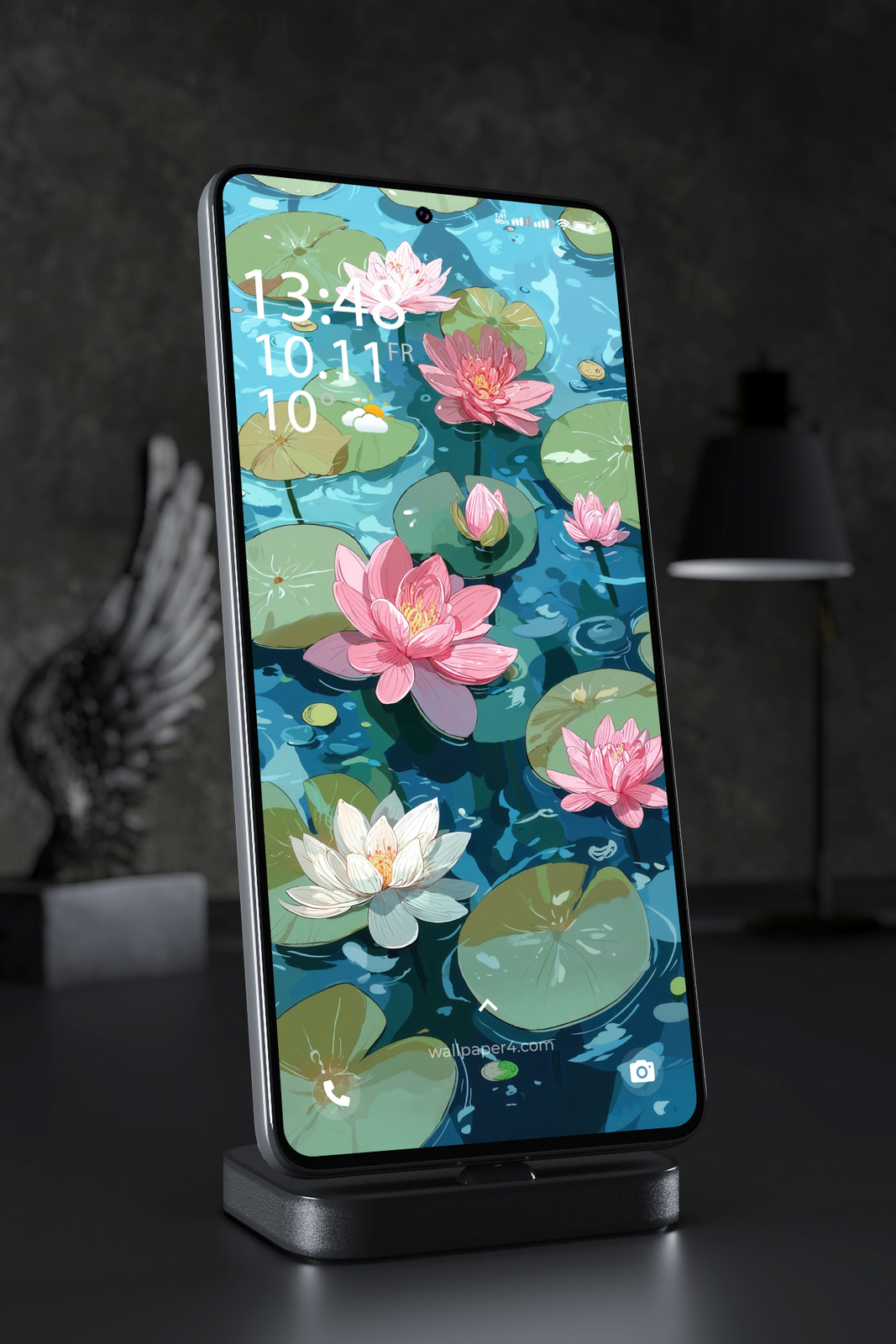 Phone Wallpaper 3329 - Pink Water Lilies on Serene Blue Pond