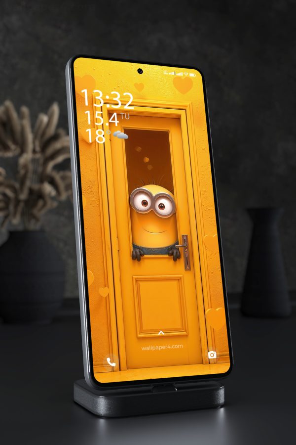 Phone Wallpaper 3332 - Cute Minion Peeking Through Yellow Door
