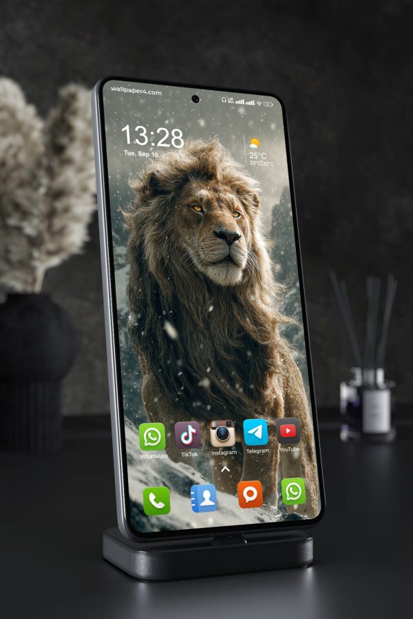 Mobile Wallpaper 3334 - Majestic Snow Lion in Mountain Storm