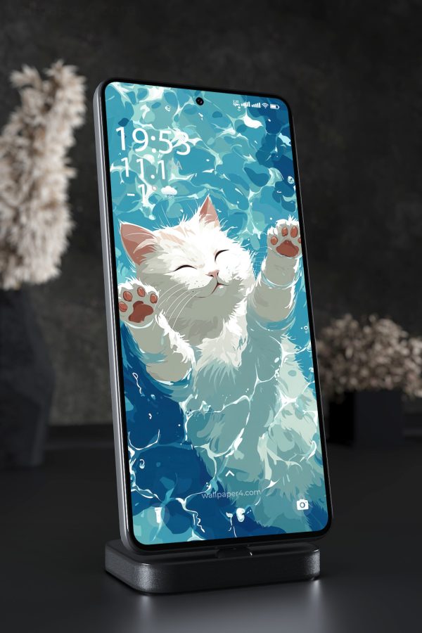 Phone Wallpaper 3340 - Cute White Cat Floating in Blue Water Art
