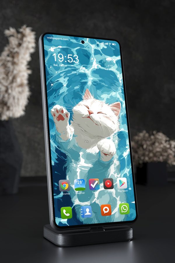 Mobile Wallpaper 3340 - Cute White Cat Floating in Blue Water Art
