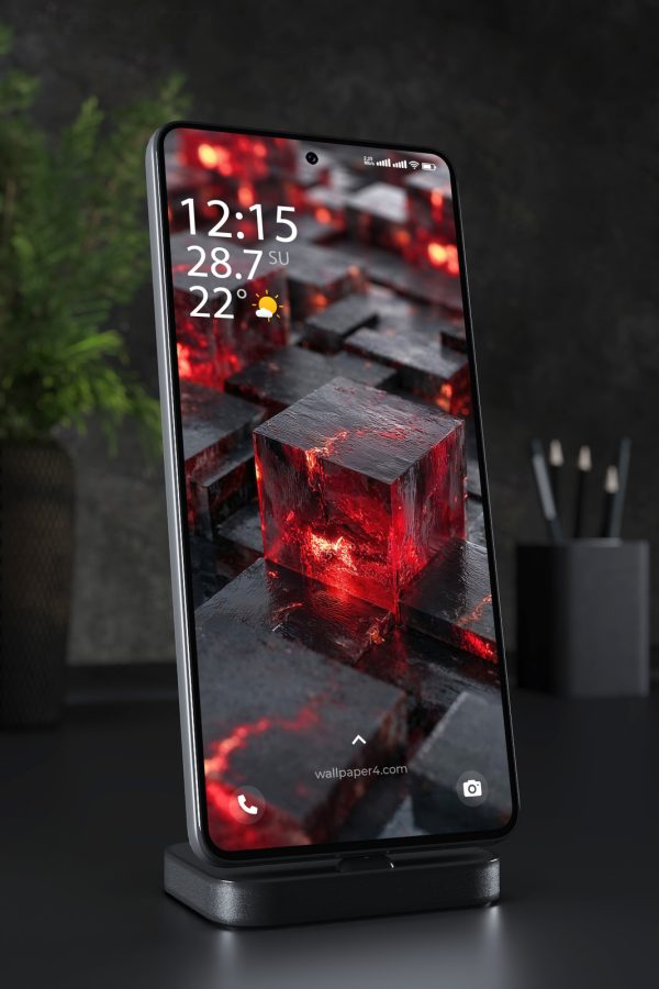 Phone Wallpaper 3343 - Black Cubes with Red Neon Glow Abstract Art