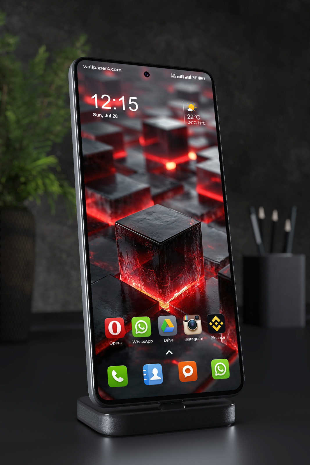 Mobile Wallpaper 3343 - Black Cubes with Red Neon Glow Abstract Art