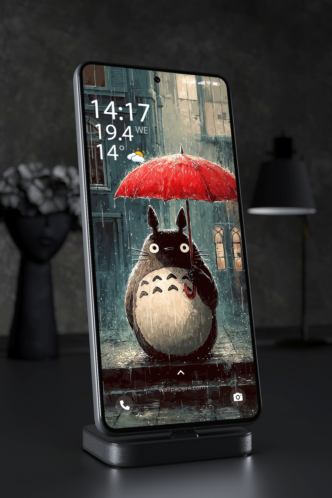Phone Wallpaper 3373 - Totoro Red Umbrella Rainy Anime City Art
