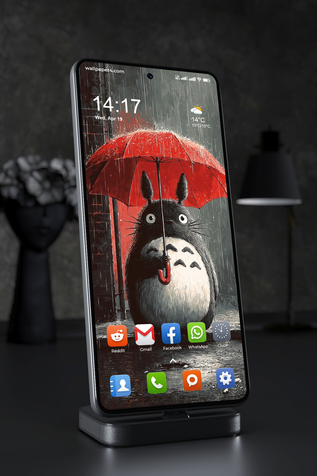 Mobile Wallpaper 3373 - Totoro Red Umbrella Rainy Anime City Art