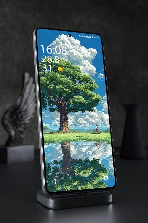 Phone Wallpaper 3378 - Pixel Art Tree Reflection Summer Landscape