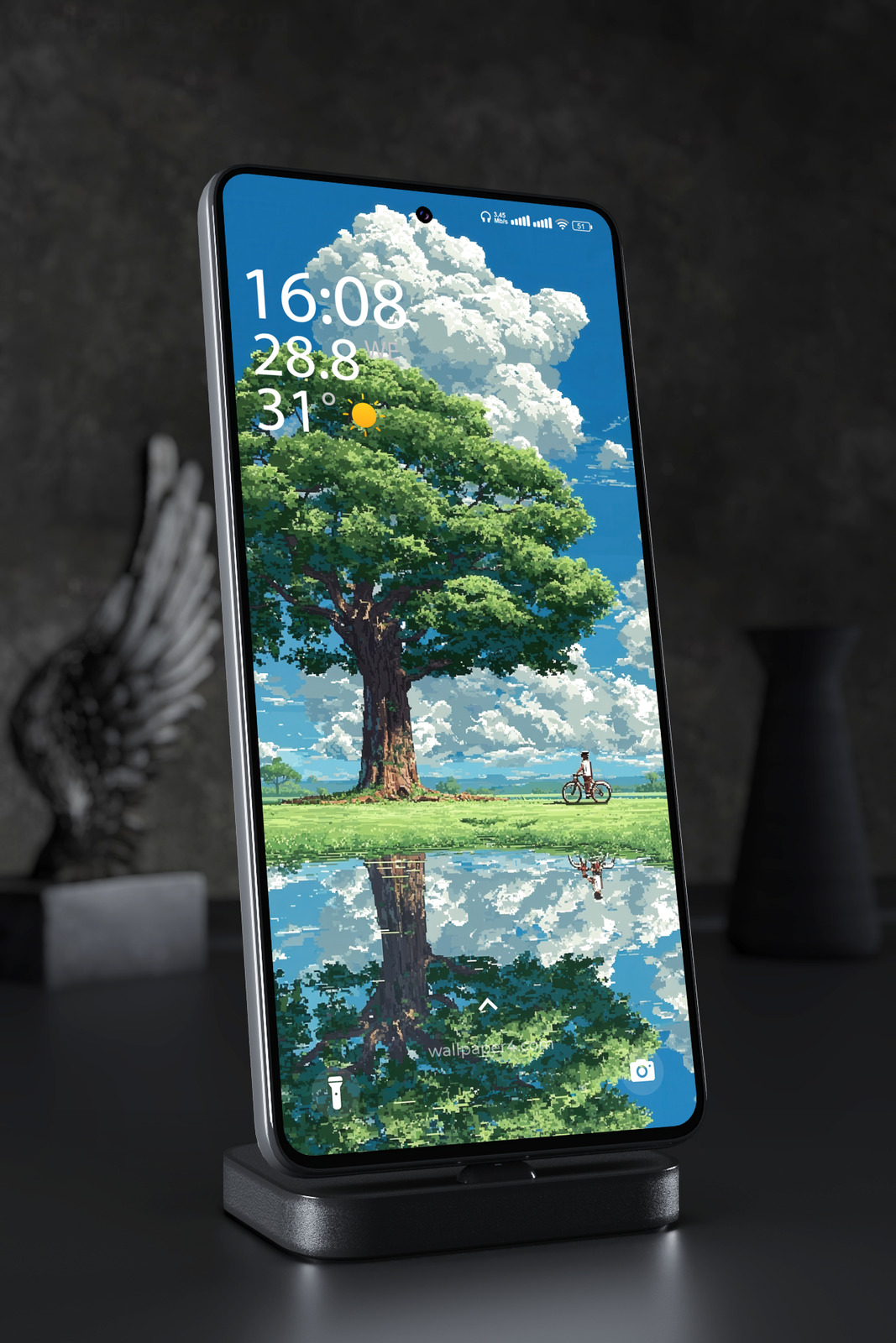 Phone Wallpaper 3378 - Pixel Art Tree Reflection Summer Landscape