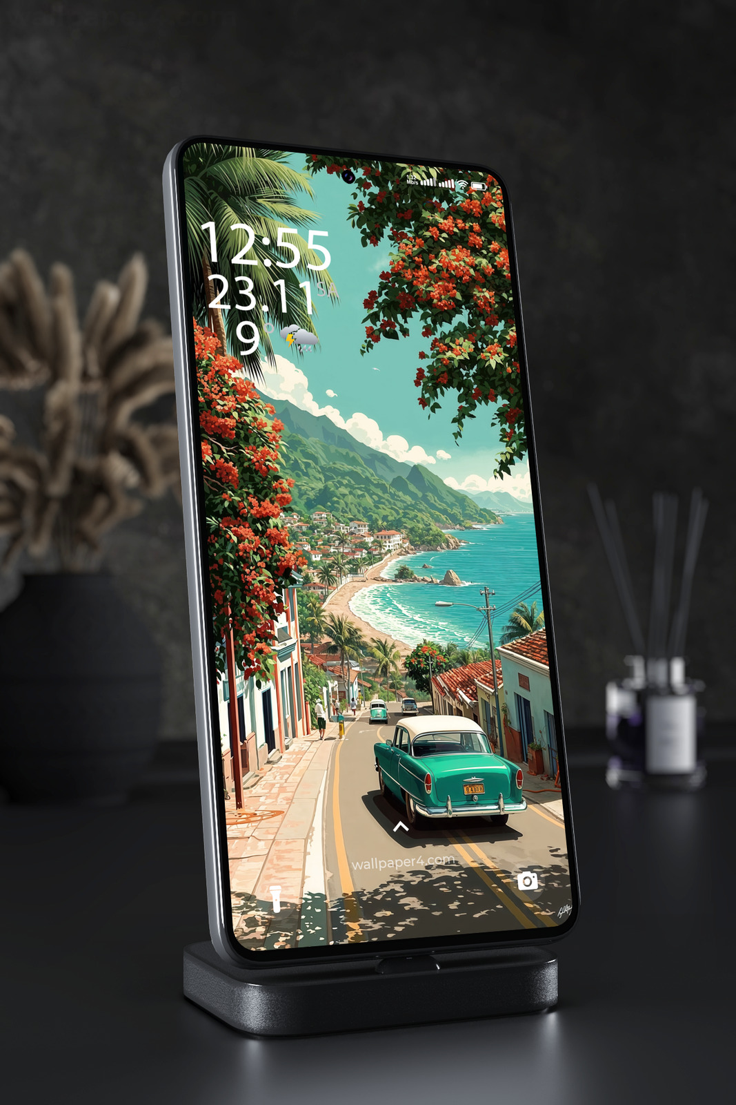 Phone Wallpaper 3383 - Tropical Coastal Town with Vintage Car