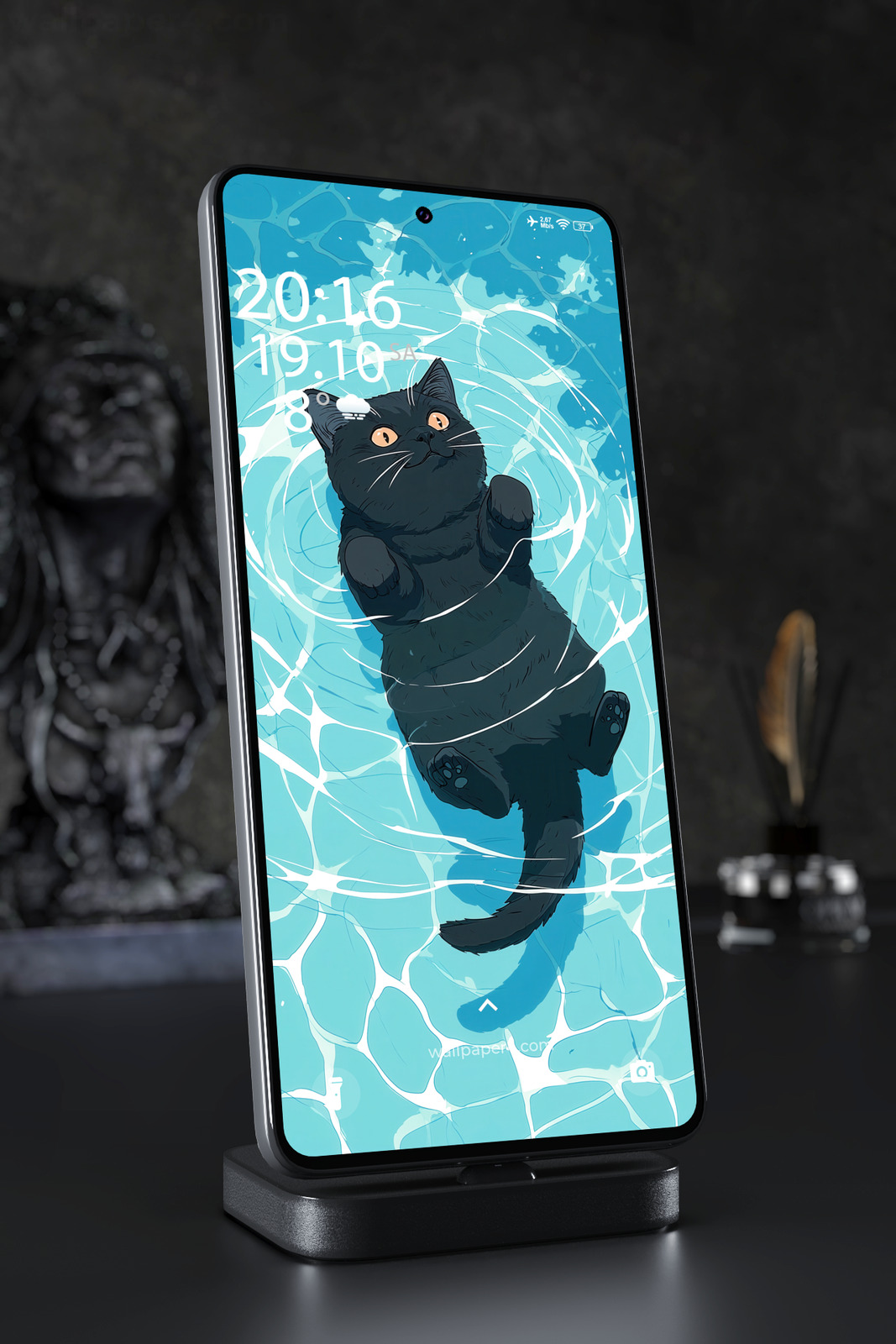 Phone Wallpaper 3413 - Black Cat Floating in Turquoise Pool Art