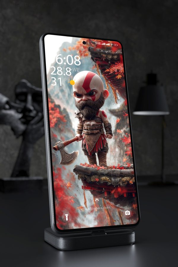 Phone Wallpaper 3423 - Chibi Kratos Autumn Mountain Fantasy Art