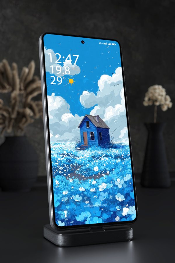 Phone Wallpaper 3434 - Blue Cottage in Dreamy Cloud and Flower Meadow