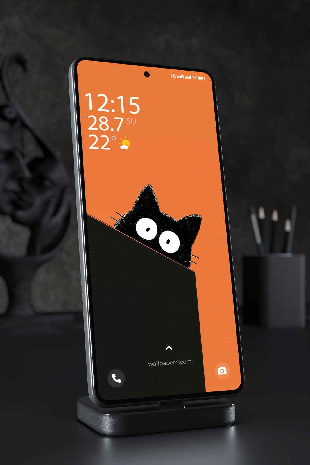 Phone Wallpaper 3451 - Curious Black Cat on Orange Minimalist Background