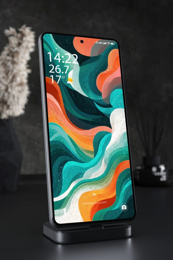 Phone Wallpaper 3453 - Abstract Teal and Orange Flowing Waves Design