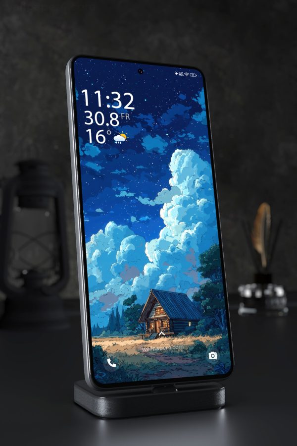 Mobile Wallpaper 3471 - Starry Anime Cabin Under Moonlit Blue Clouds