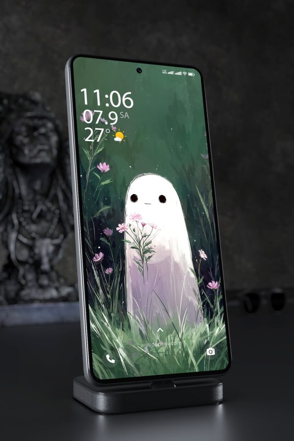 Phone Wallpaper 3474 - Cute Ghost with Pink Flowers in a Misty Garden