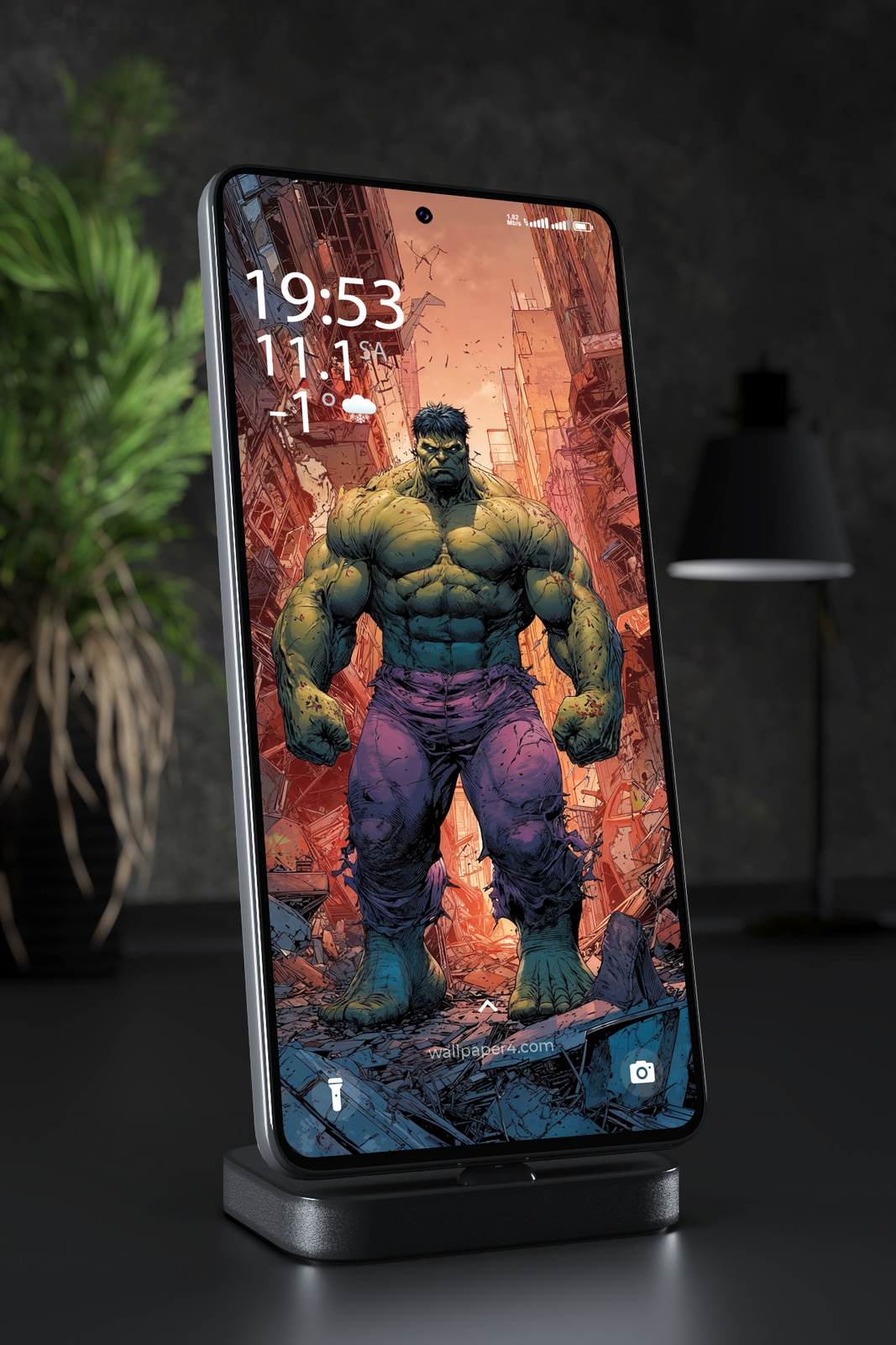 Phone Wallpaper 3487 - Hulk in a Ruined City Epic Comic Art Scene