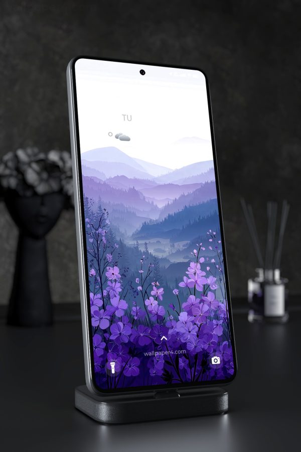 Phone Wallpaper 3496 - Purple Wildflowers in Misty Mountain Valley